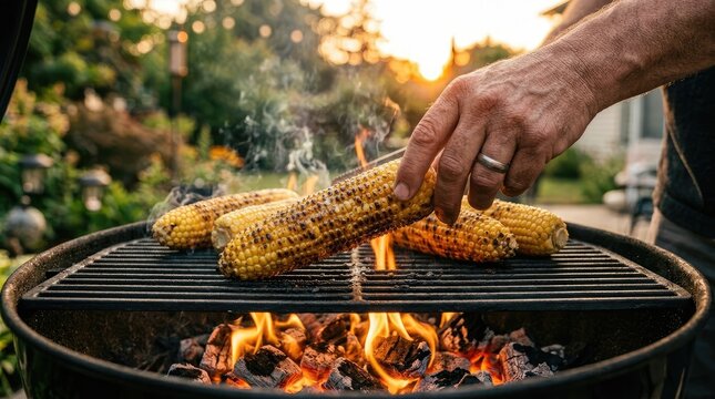 Man hand grilling fresh yellow corn cobs on a hot charcoal barbecue metal grate during a warm summer golden sunset