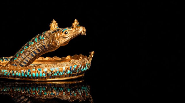 uraeus. Detailed golden cobra crown with turquoise inlays resting on black velvet. event programs, museum guides, designed for cultural heritage projects and event programs, used by recruiters.