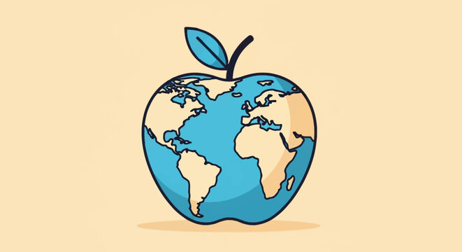 Flat vector illustration of an apple with a world map printed on its surface showing continents, including a stem and leaf, isolated on a solid light yellow background.