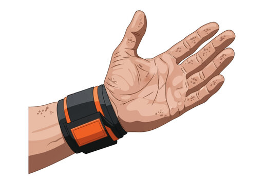 Vector illustration of a calloused hand and palm of a weightlifter with a black and orange wrist wrap support, showing rough skin and blisters from heavy physical training.
