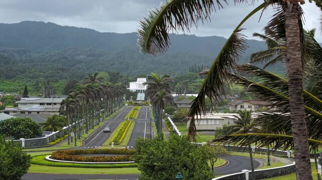 Laie Hawaii LDS Temple - Mormon Church In Oʻahu, Hawaii. - aerial reveal shot