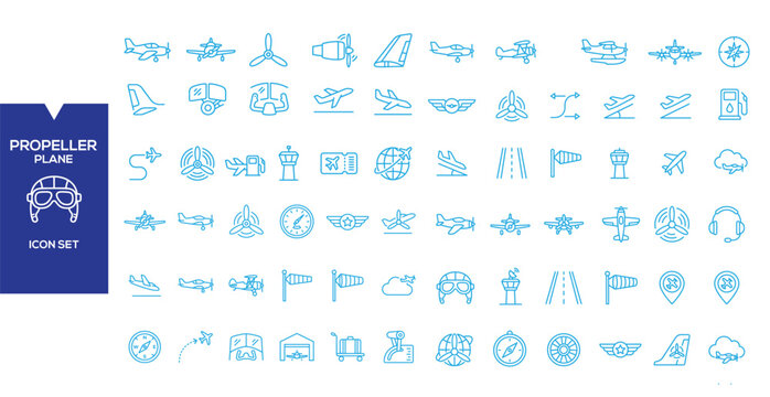Propeller Plane Icon Set: A comprehensive collection of blue line art icons featuring various elements related to propeller planes, including aircraft, propellers, airports, and navigation tools.
