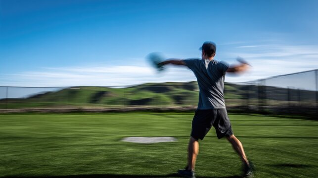 thrower. A motion blur of a discus thrower in mid-rotation against a field. event key visuals, club posters, designed for fitness apps and gym onboarding, used by fitness trainers.