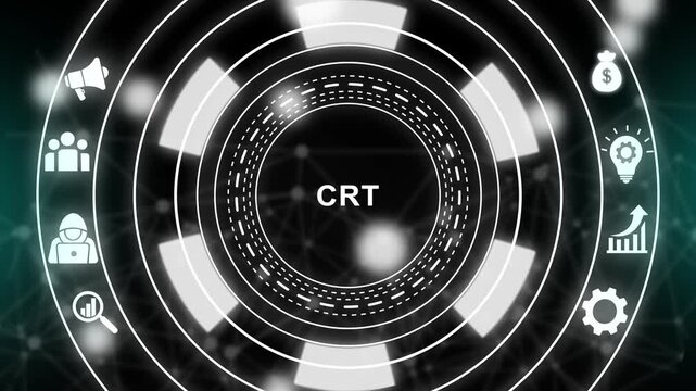 Digital crt conversion rate optimization hud interface with animated business and data analytics network background, for marketing strategy