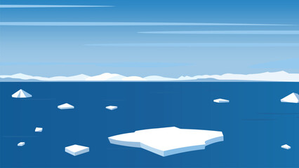 Minimalist cartoon Arctic landscape vector illustration featuring a frozen ocean with large ice sheets. © Tanjida