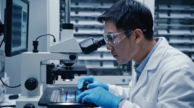 Scientist in lab coat examining samples under microscope