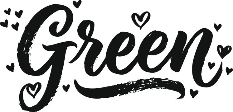 Green handwritten brush script typography with heart accents
