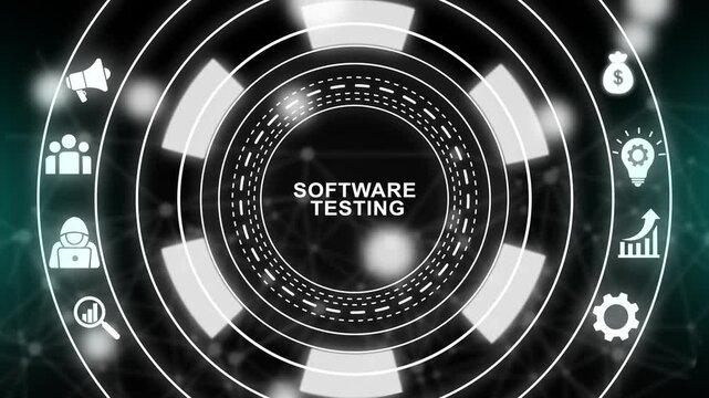 Software testing concept with digital interface and technology animated hud for it development, assurance and debugging presentation