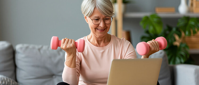 An elderly woman with glasses and short gray hair is exercising with pink dumbbells in front of a laptop. She is wearing a light pink long-sleeved shirt and is sitting on a couch in a living room.