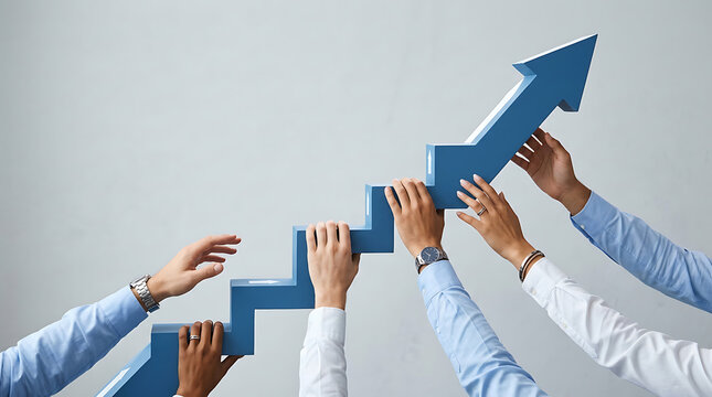 Diverse hands lifting a blue upward trending arrow graph symbolizing growth and success