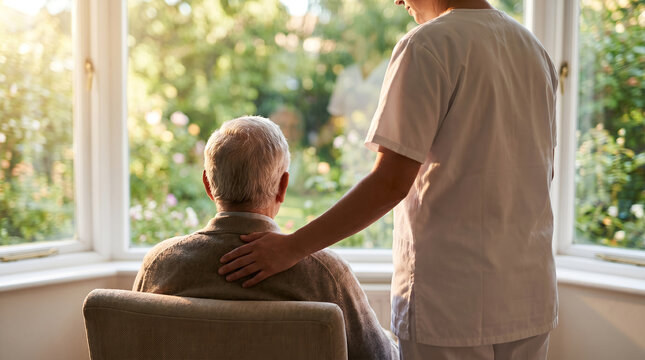 Compassionate female nurse in white uniform, placing supportive hand on shoulder of senior man, sitting and looking out of window, cozy residential care home, healthcare stock photo