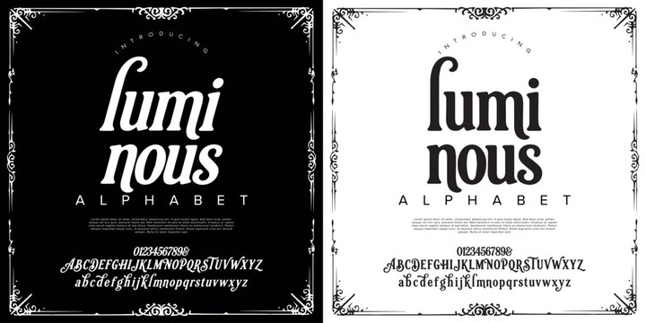 Luminous Elegant Display Font With Vintage Aesthetic Full Alphabet Numbers And Ornaments