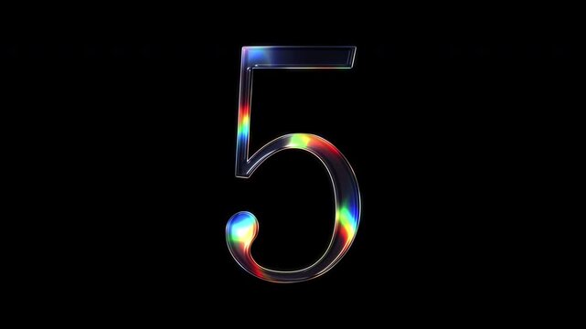A number 5 shimmering with various colored lights on a glass-like surface with an alpha channel. Serif font. Seamless loop video.