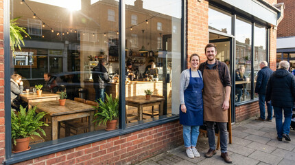 Obraz premium Happy young small business owners standing outside their cafe