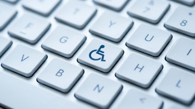 Close up view of a white computer keyboard key featuring a blue international wheelchair symbol representing accessibility and inclusion