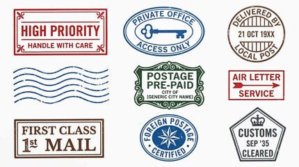 Fototapeta premium A collection of vintage postage rubber stamp designs featuring weathered textures and various classic ink colors
