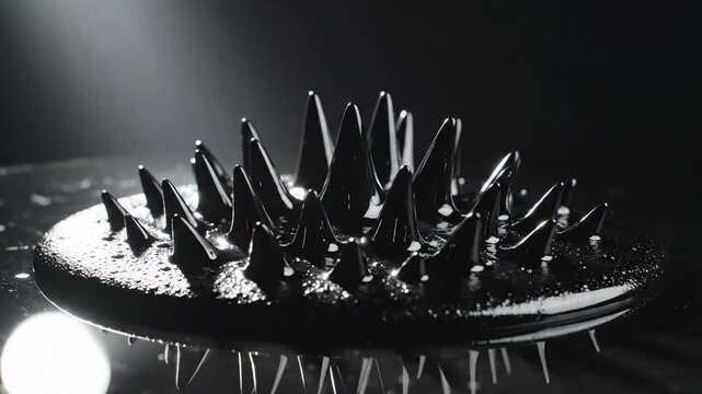 Ferrofluid liquid spikes forming magnetic field patterns on dark background, physics science experiment, industrial tech texture, black fluid motion