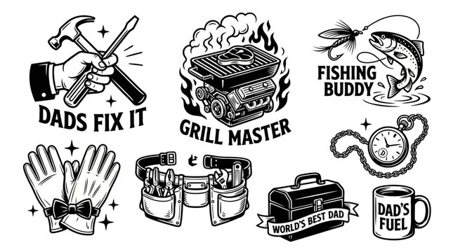 Detailed black and white vector illustrations depicting various classic fatherhood hobbies and essential manly tools