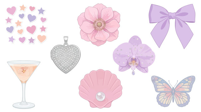 Decorative set of cute pastel floral icons including a jewelry locket butterfly bow and flower