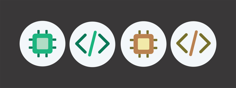 Computer chip and programming code symbols flat vector icons for software development design.