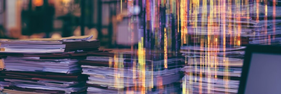 AI agents review and flag contract elements in a corporate legal department at night, using light streams to highlight sections among document stacks.