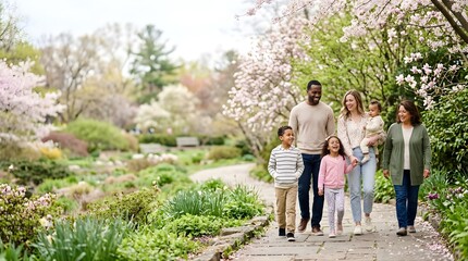 Fototapeta premium Happy multi-generational family walking together in a park during spring