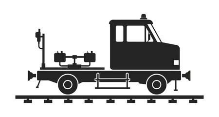 Black silhouette of a railway maintenance utility vehicle on tracks for track repair and infrastructure service illustration © ARIF