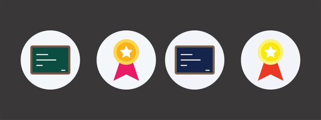 Set of 4 flat blackboard and golden award medal with star icons in circles. © Tania
