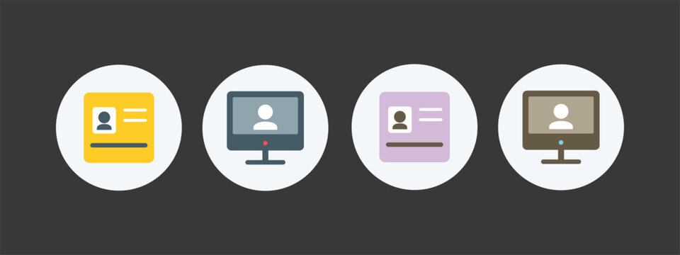 Set of 4 flat id card and computer monitor with profile picture icons in circles.