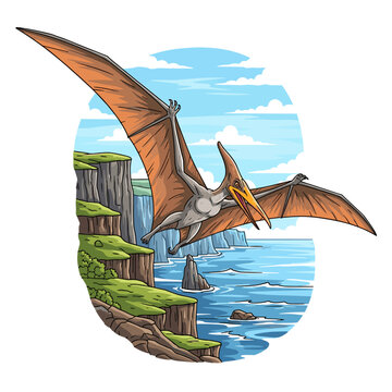 Pteranodon Flying Over Coastal Cliffs Illustration Pterodactyl Soaring Above Ocean Waves Graphic