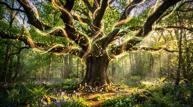 Magical beltane celebration at the base of an ancient oak tree
