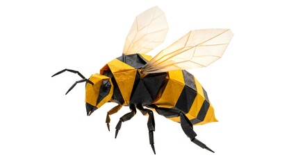 Fototapeta premium Origami Bee with Yellow and Black Striped Paper and Translucent Wings on White Background