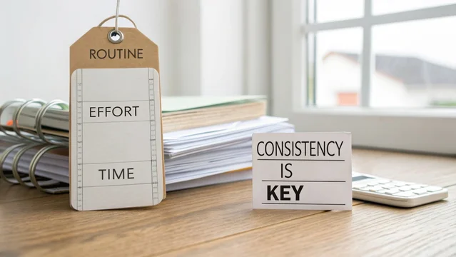 A motivating workspace with goal-oriented signs emphasizing routine, effort, time management, and the importance of consistency for success