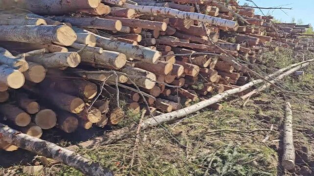 Stacked logs ready for transport at a logging site in the forest during midday