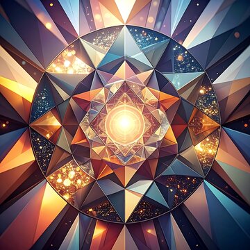 A colorful geometric pattern with triangles and a central glow
