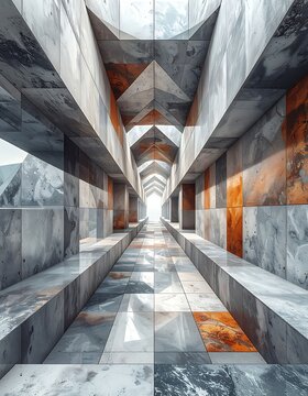 A futuristic, abstract corridor with geometric patterns and orange accents