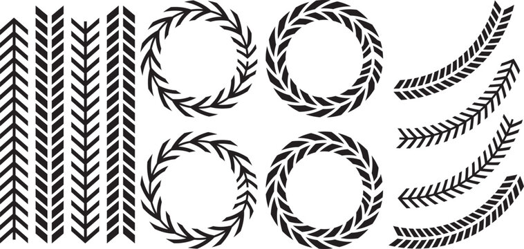 Black laurel wreath and tire track pattern brush vector icon set. Simple vector illustration of geometric chevron borders, isolated circular frame and curved line elements collection on white backgrou