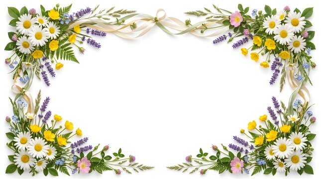 Beltane wildflower border with daisies and lavender on white