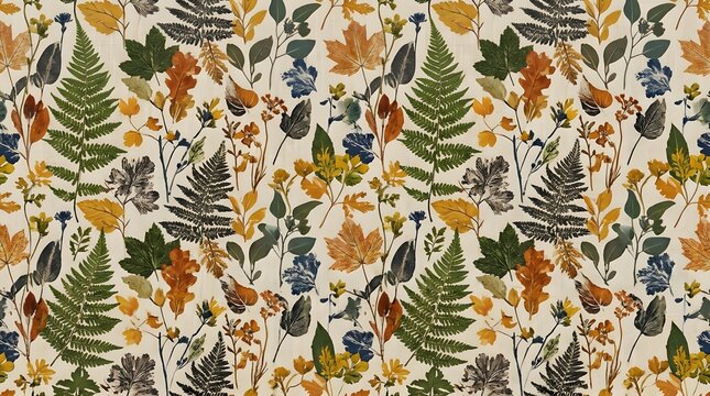 Seamless autumn botanical pattern with colorful leaves and ferns