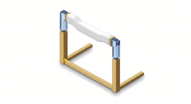 3D isometric sleek track and field hurdle obstacle icon, white ceramic and gold frame.