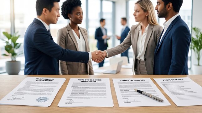 Diverse business team shaking hands over signed partnership agreement and non-disclosure documents, terms of service and project scope papers on office table.