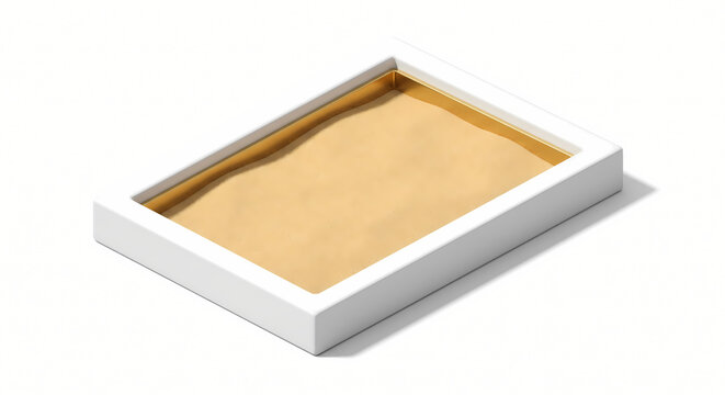 3D isometric minimalist sandpit sandbox for long jump icon, golden sand in white ceramic rim.