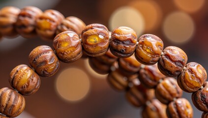 Fototapeta premium Golden prayer beads with amber and wooden beads in soft bokeh lighting religious tradition