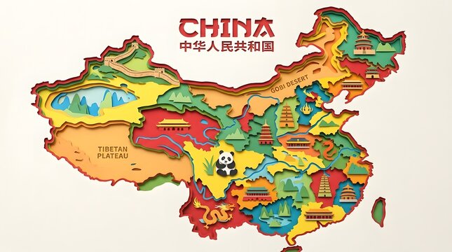 Colorful Illustrated Map of China with Landmarks and Panda