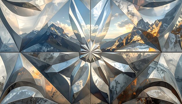 A symmetrical abstract artwork featuring a mountain landscape