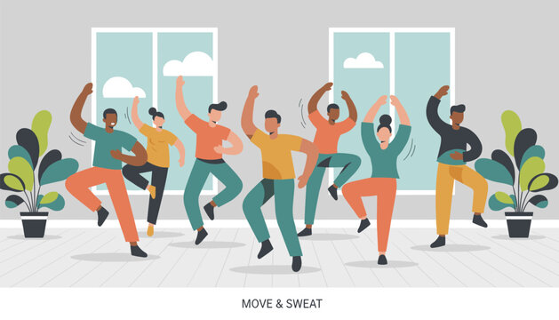 Vibrant flat illustration of diverse young people dancing and exercising in a bright fitness studio with the text move and sweat below them.