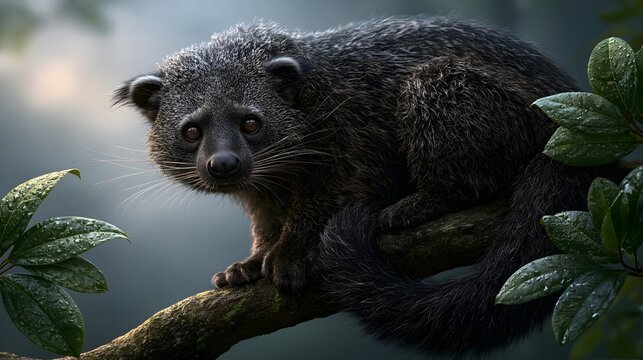 Binturong Moving Through Misty Southeast Asian Rainforest Canopy at Dusk