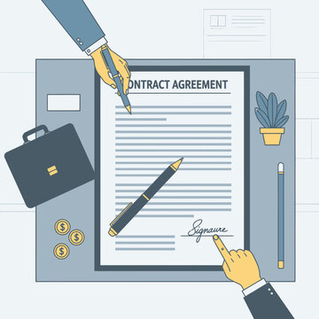 Hands signing a contract agreement document.