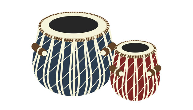 Detailed illustration of a pair of traditional Indian tabla drums featuring intricate rope patterns and wooden tuning blocks on a white background.
