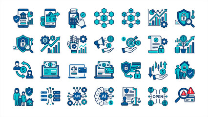 Obraz premium Advanced technology and artificial intelligence vector icon set with robotic hand, API integration, blockchain nodes, and system security shield.